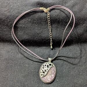 Silver Tone Clear Rhinestone and Purple Oval Pendant Statement Necklace